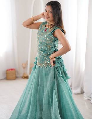 sky blue silk blend plain lehenga choli 2
