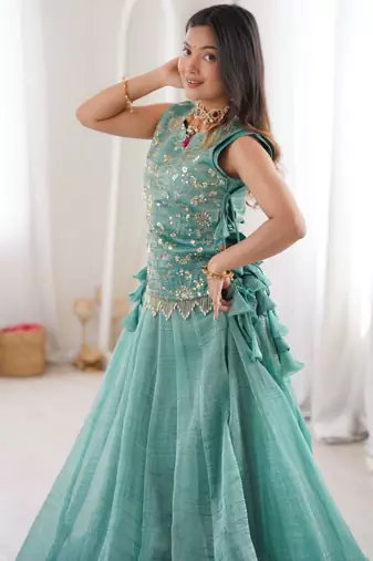 sky blue silk blend plain lehenga choli