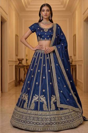 Dark Blue Silk Blend Embroidered Wedding Lehenga Choli Set