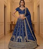 Dark Blue Silk Blend Embroidered Wedding Lehenga Choli Set