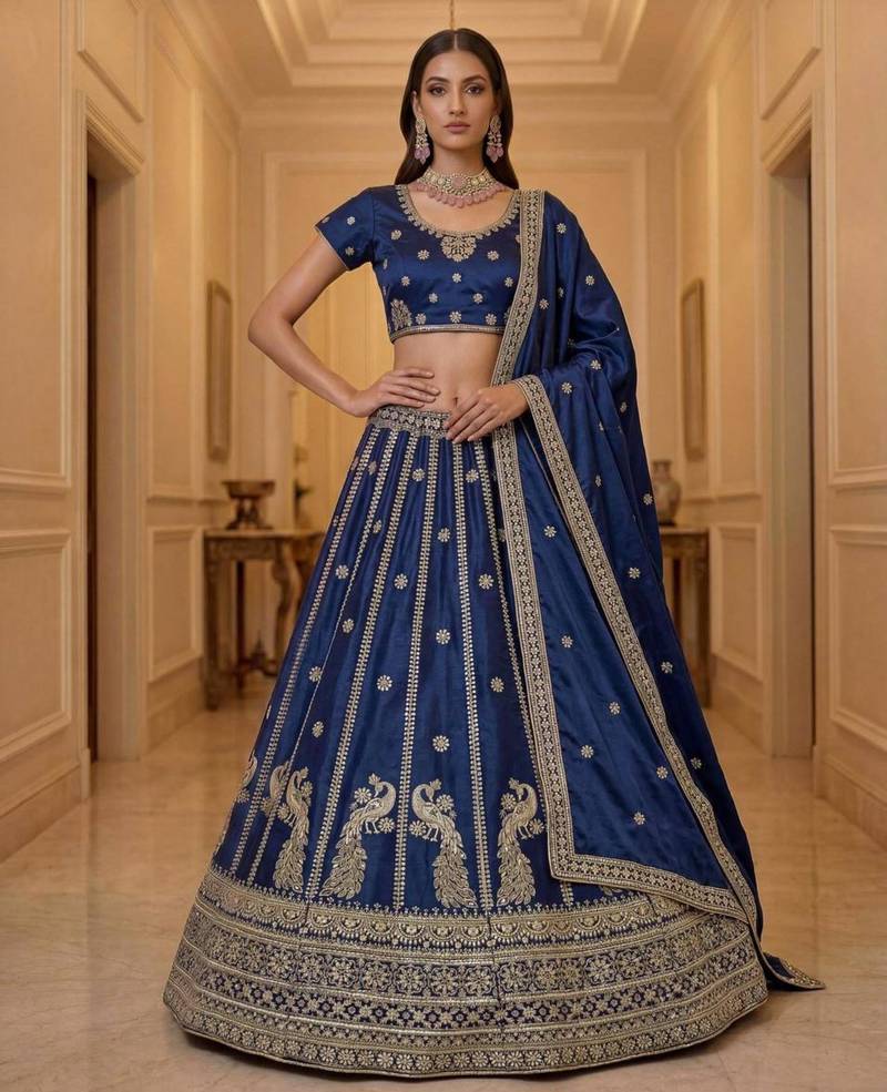 Dark Blue Silk Blend Embroidered Wedding Lehenga Choli Set