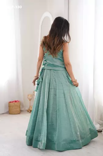 sky blue silk blend plain lehenga choli