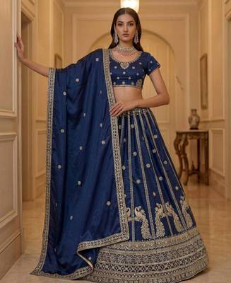 Dark Blue Silk Blend Embroidered Wedding Lehenga Choli Set 2