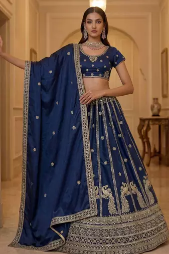 Dark Blue Silk Blend Embroidered Wedding Lehenga Choli Set