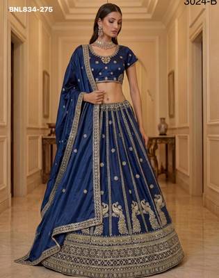 Dark Blue Silk Blend Embroidered Wedding Lehenga Choli Set 3