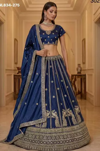 Dark Blue Silk Blend Embroidered Wedding Lehenga Choli Set