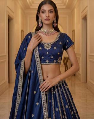 Dark Blue Silk Blend Embroidered Wedding Lehenga Choli Set 4