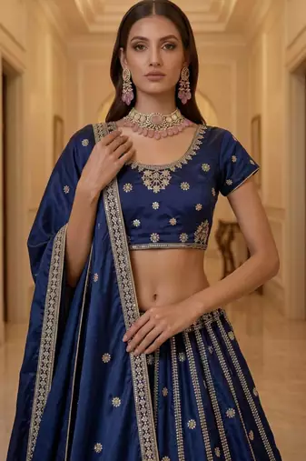 Dark Blue Silk Blend Embroidered Wedding Lehenga Choli Set