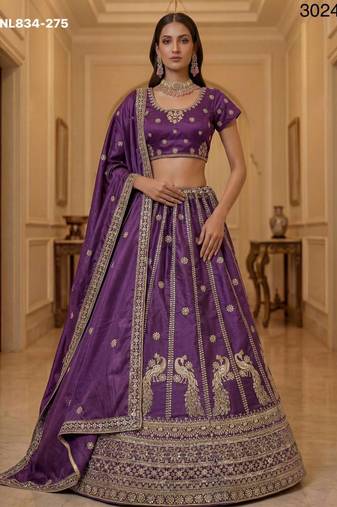 Purple Silk Blend Embroidered Traditional Wedding Lehenga Choli Set