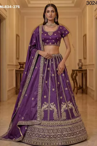 Purple Silk Blend Embroidered Traditional Wedding Lehenga Choli Set