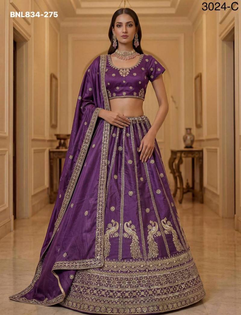 Purple Silk Blend Embroidered Traditional Wedding Lehenga Choli Set