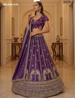 Purple Silk Blend Embroidered Traditional Wedding Lehenga Choli Set 2