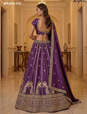 Purple Silk Blend Embroidered Traditional Wedding Lehenga Choli Set 3