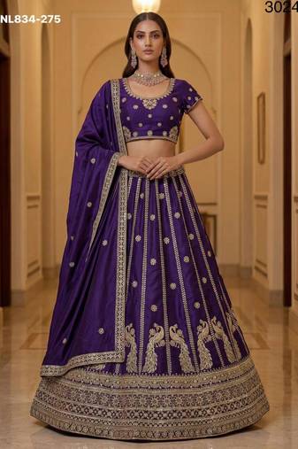 Dark Purple Silk Blend Embroidered Party Wear Lehenga Choli Set