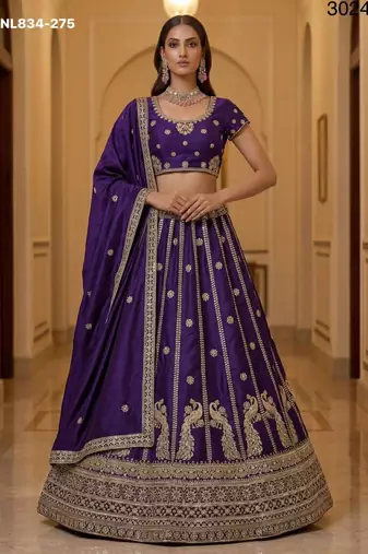 Dark Purple Silk Blend Embroidered Party Wear Lehenga Choli Set