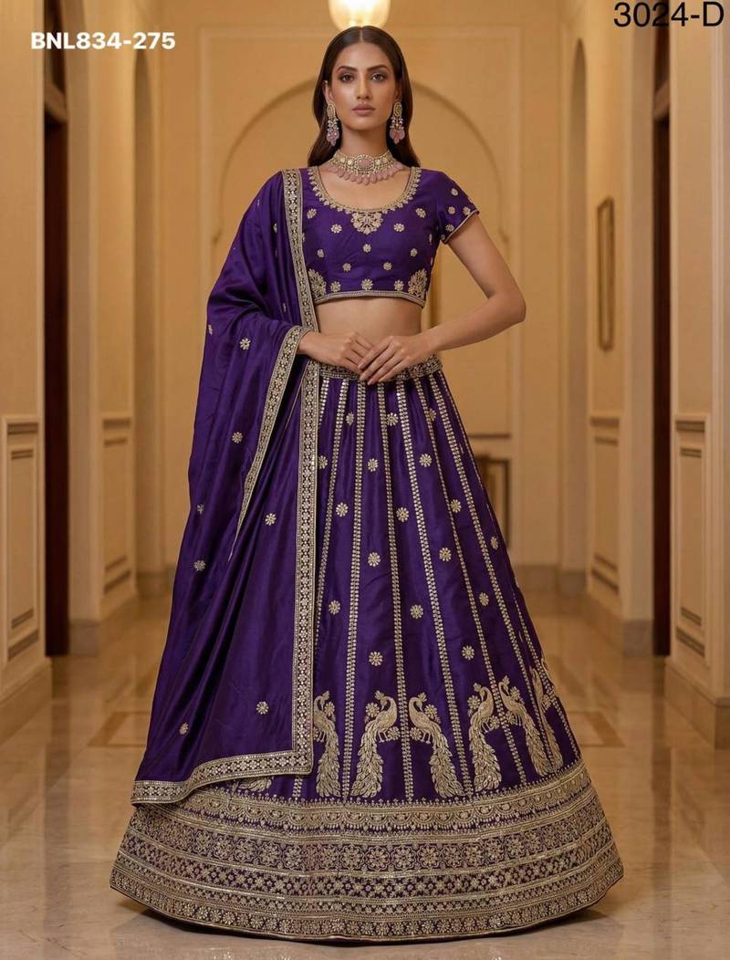 Dark Purple Silk Blend Embroidered Party Wear Lehenga Choli Set