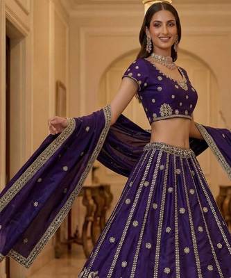 Dark Purple Silk Blend Embroidered Party Wear Lehenga Choli Set 2