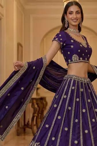 Dark Purple Silk Blend Embroidered Party Wear Lehenga Choli Set