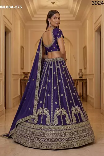 Dark Purple Silk Blend Embroidered Party Wear Lehenga Choli Set