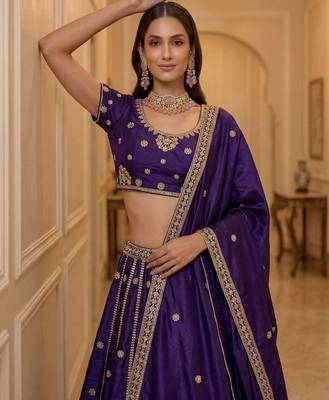 Dark Purple Silk Blend Embroidered Party Wear Lehenga Choli Set 4