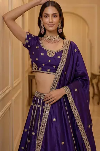 Dark Purple Silk Blend Embroidered Party Wear Lehenga Choli Set
