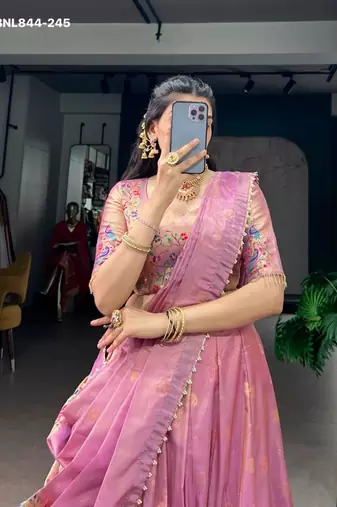 Pink Shimmer Woven Traditional Festive Lehenga Choli Set
