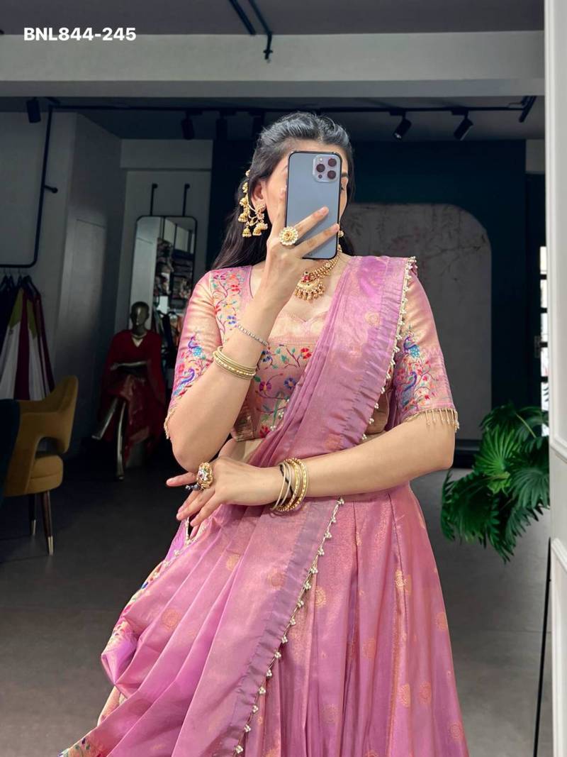 Pink Shimmer Woven Traditional Festive Lehenga Choli Set