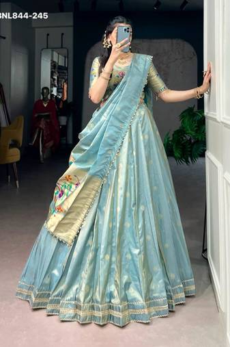 Blue Shimmer Woven Traditional Party Wear Lehenga Choli Set