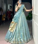 Blue Shimmer Woven Traditional Party Wear Lehenga Choli Set