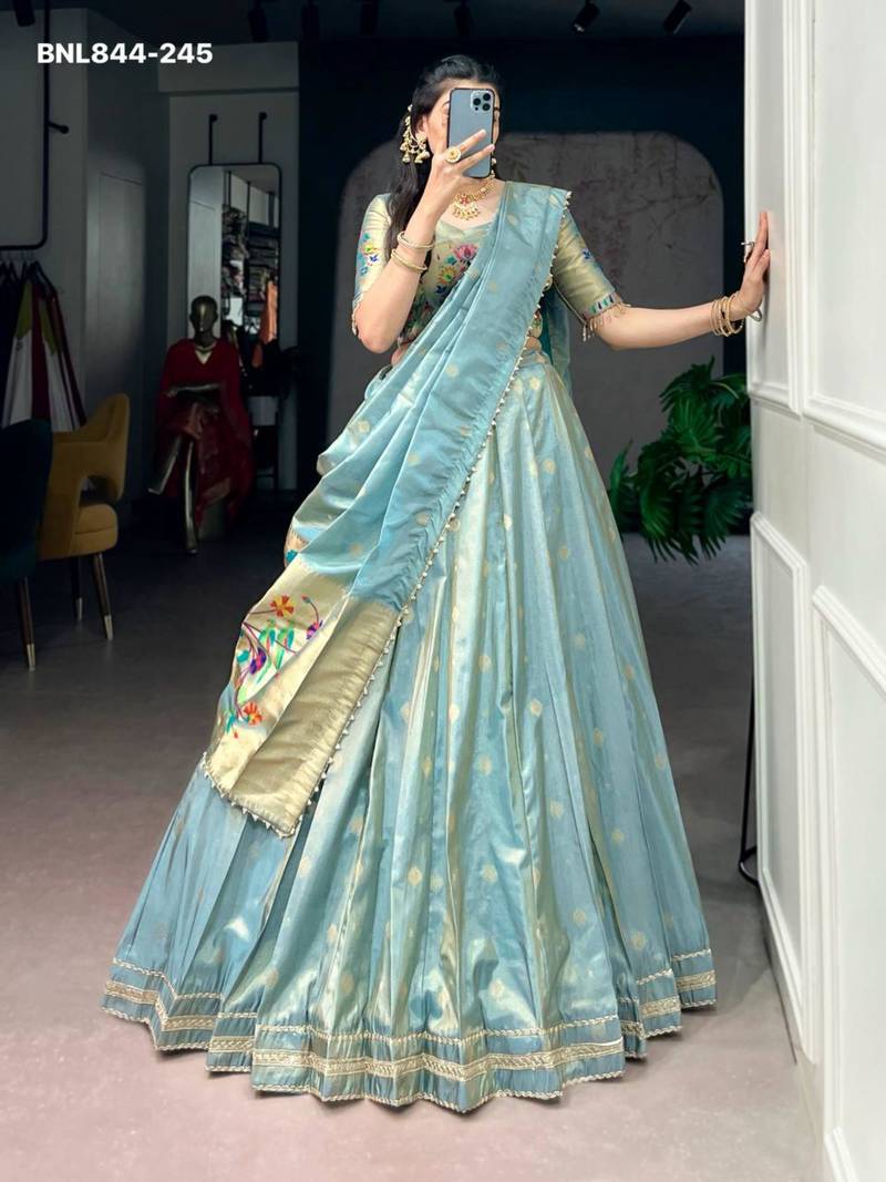 Blue Shimmer Woven Traditional Party Wear Lehenga Choli Set