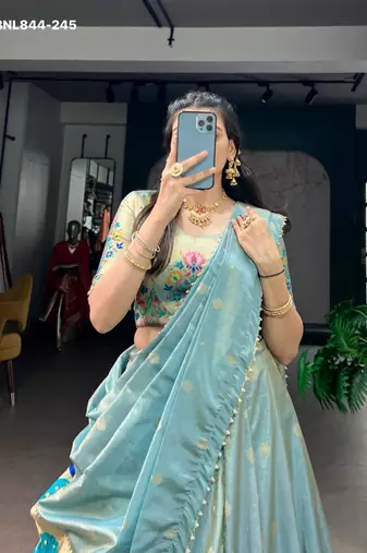 Blue Shimmer Woven Traditional Party Wear Lehenga Choli Set