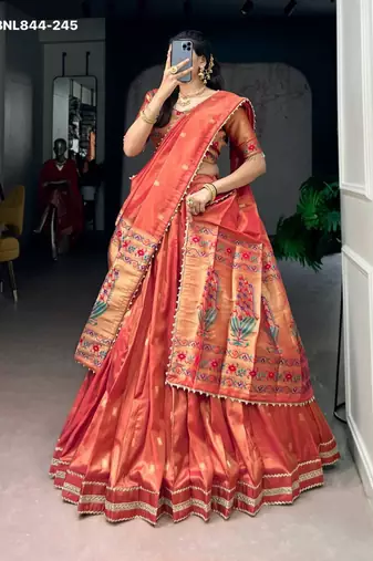 Orange Shimmer Woven Traditional Festive Lehenga Choli Set