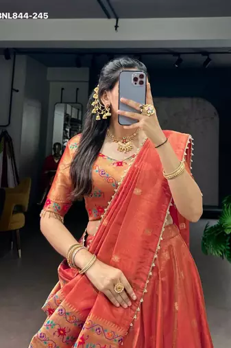 Orange Shimmer Woven Traditional Festive Lehenga Choli Set