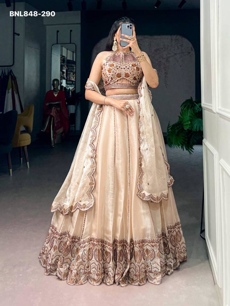 Beige Silk Blend Embroidered Designer Lehenga Choli Set