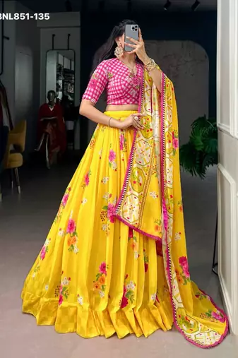 Yellow Georgette Printed Festive Sangeet Lehenga Choli Set