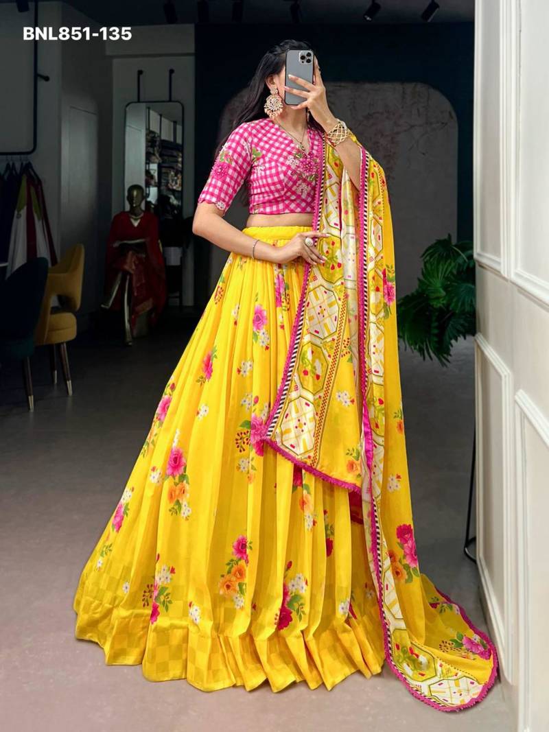 Yellow Georgette Printed Festive Sangeet Lehenga Choli Set