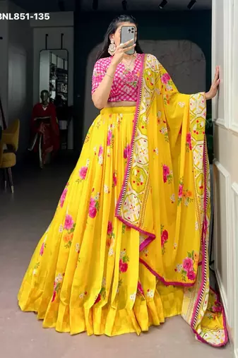 Yellow Georgette Printed Festive Sangeet Lehenga Choli Set
