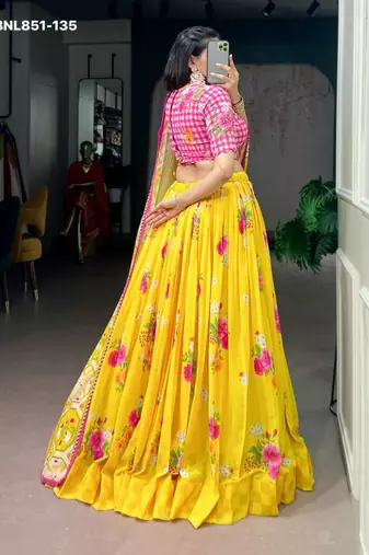 Yellow Georgette Printed Festive Sangeet Lehenga Choli Set