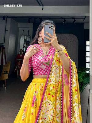 Yellow Georgette Printed Festive Sangeet Lehenga Choli Set 4