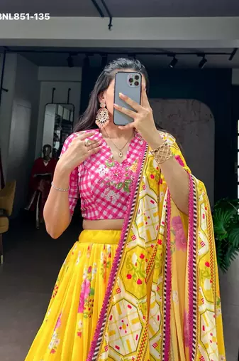 Yellow Georgette Printed Festive Sangeet Lehenga Choli Set
