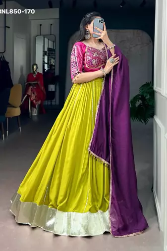 Olive Rayon Plain Traditional Party Wear Lehenga Choli Set