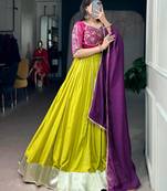 Olive Rayon Plain Traditional Party Wear Lehenga Choli Set