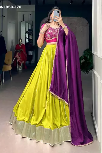 Olive Rayon Plain Traditional Party Wear Lehenga Choli Set