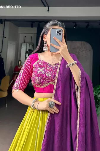 Olive Rayon Plain Traditional Party Wear Lehenga Choli Set
