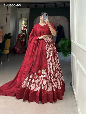 Maroon Silk Blend Printed Traditional Wedding Lehenga Choli Set 1