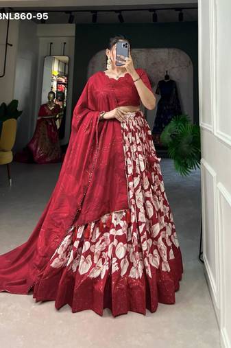 Maroon Silk Blend Printed Traditional Wedding Lehenga Choli Set