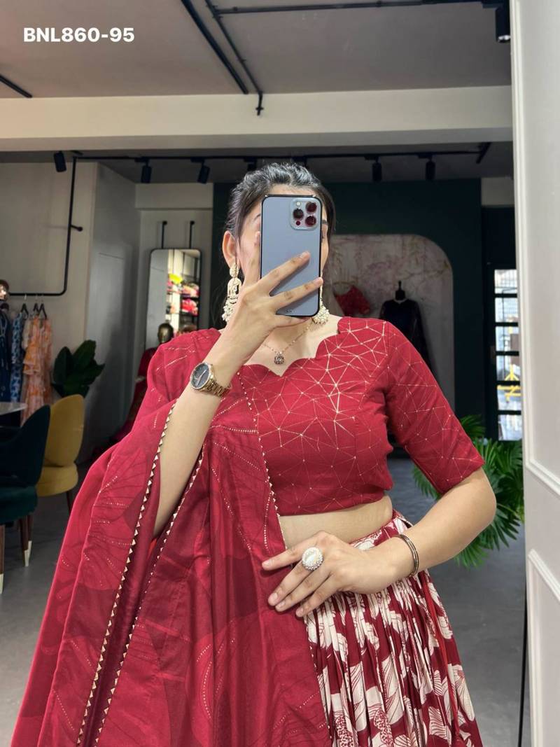 Maroon Silk Blend Printed Traditional Wedding Lehenga Choli Set