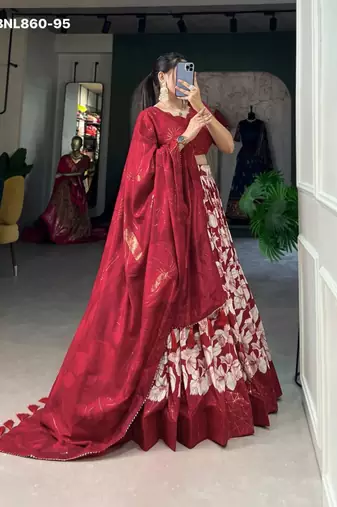 Maroon Silk Blend Printed Traditional Wedding Lehenga Choli Set