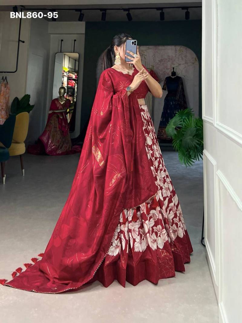 Maroon Silk Blend Printed Traditional Wedding Lehenga Choli Set