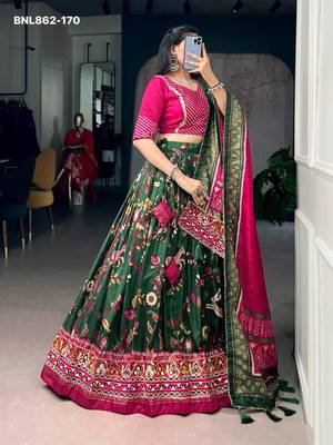 Green Silk Blend Printed Festive Party Wear Lehenga Choli Set 1